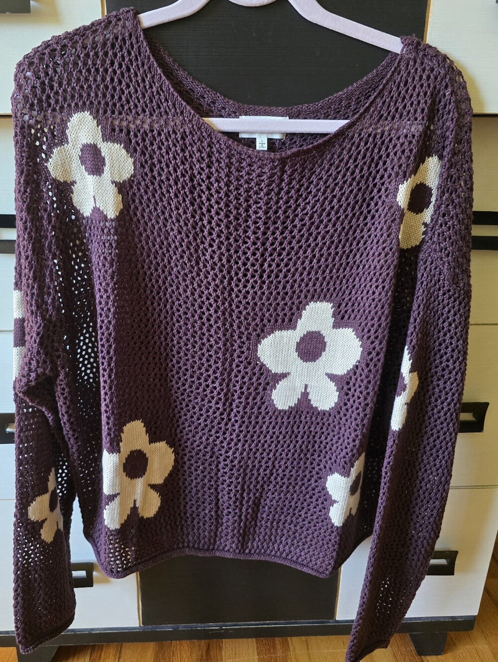 Adora Women’s Purple With Cream Floral Open-Knit Sweater